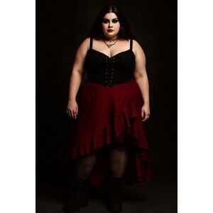 Torrid Womens Gothic Vamp Red Satin Ruffle Asymmetrical Midi Skirt Size Large
